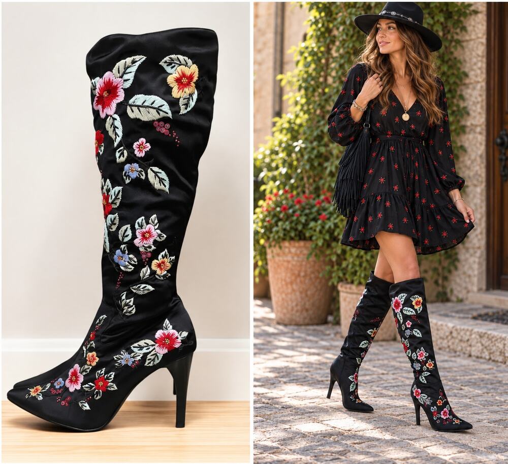 Details Beaded Embroidered Boots - Size 7.5B